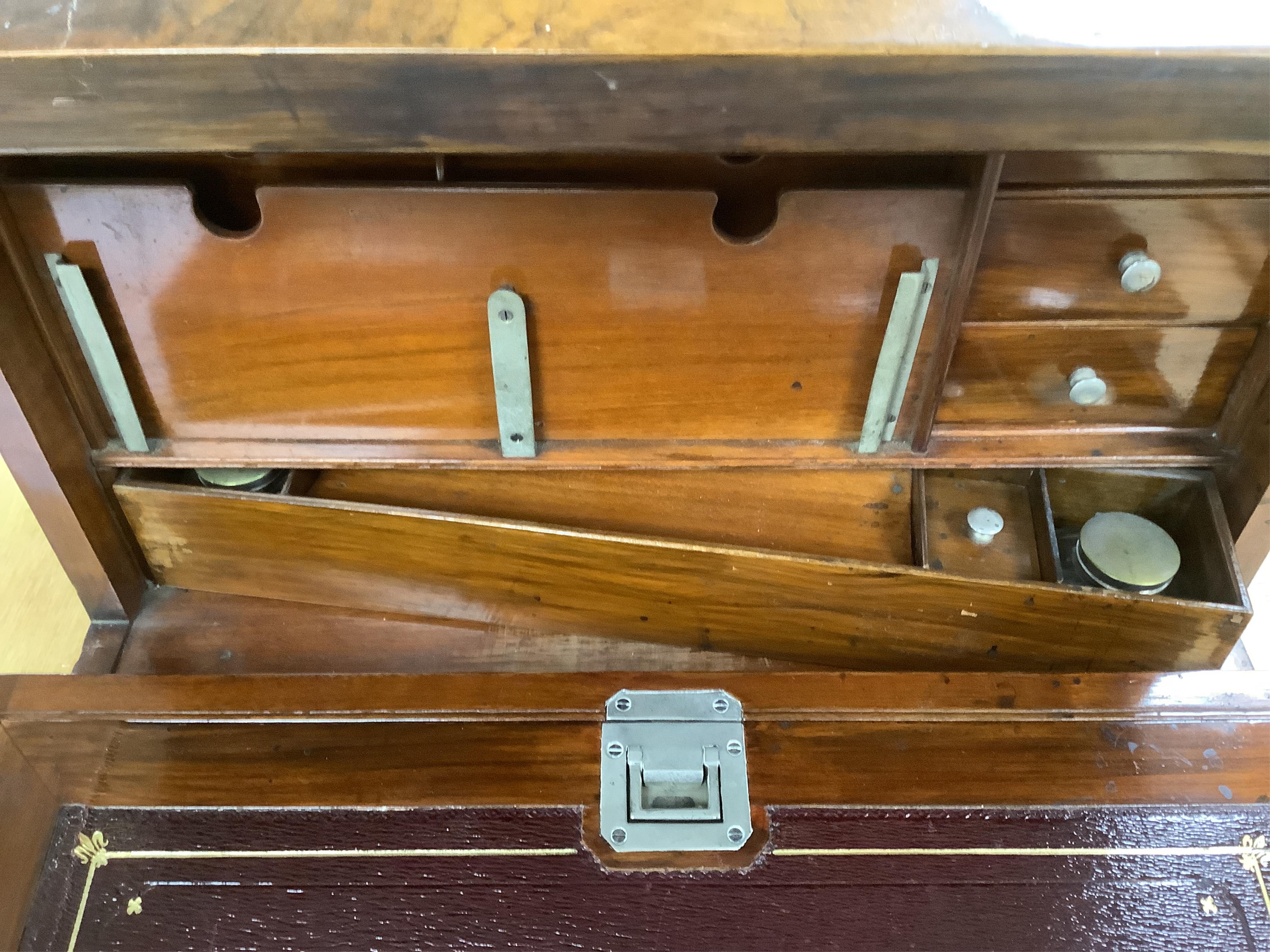 A Victorian burr walnut travelling stationery compendium combined with writing slope, 43cm wide. Condition - fair